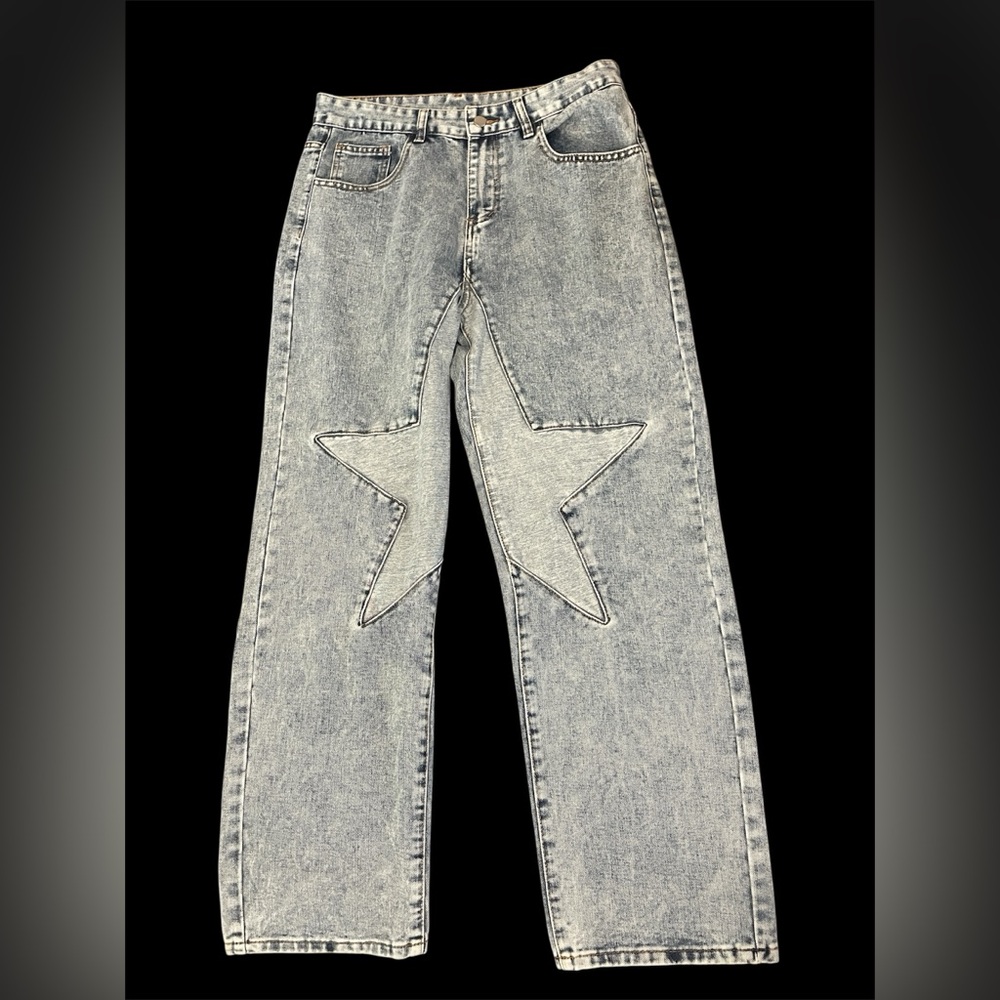 New men's relaxed fit jeans with unique star patchwork.